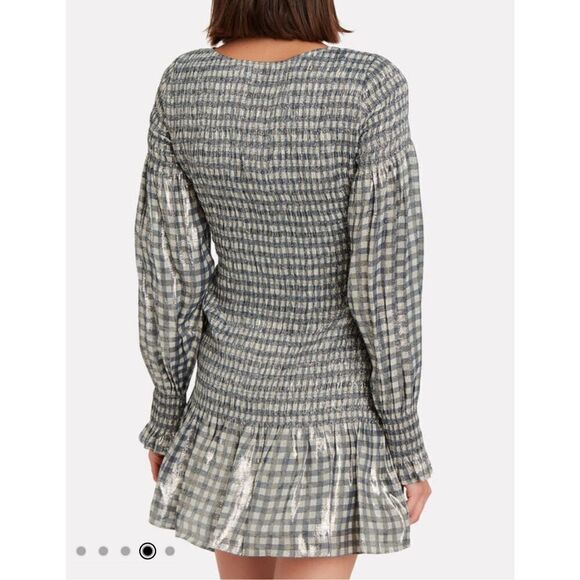 NWT LoveShackFancy Scarlett Gingham Metallic Smocked Dress Silver Size XS - Picture 3 of 12